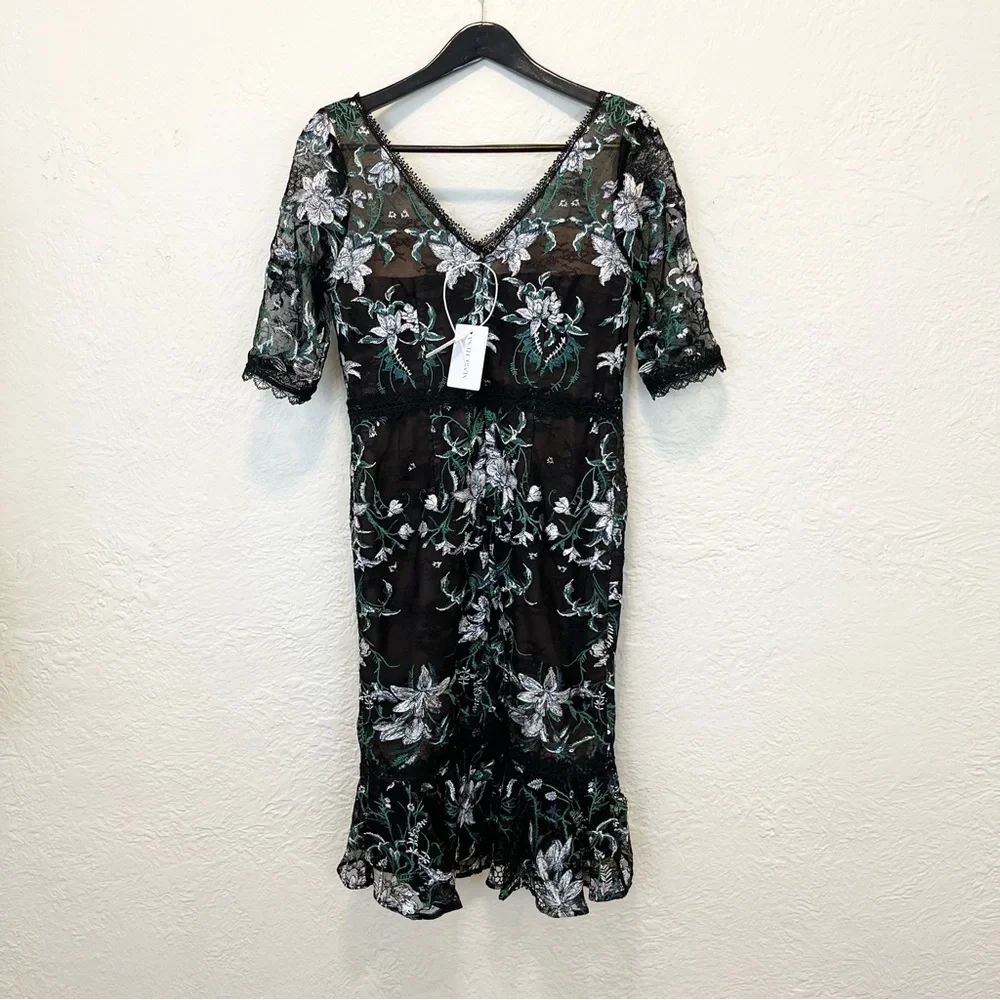 Marchesa Notte Black Floral Lace Embroidered Midi Dress 8 - Picture 11 of 13
